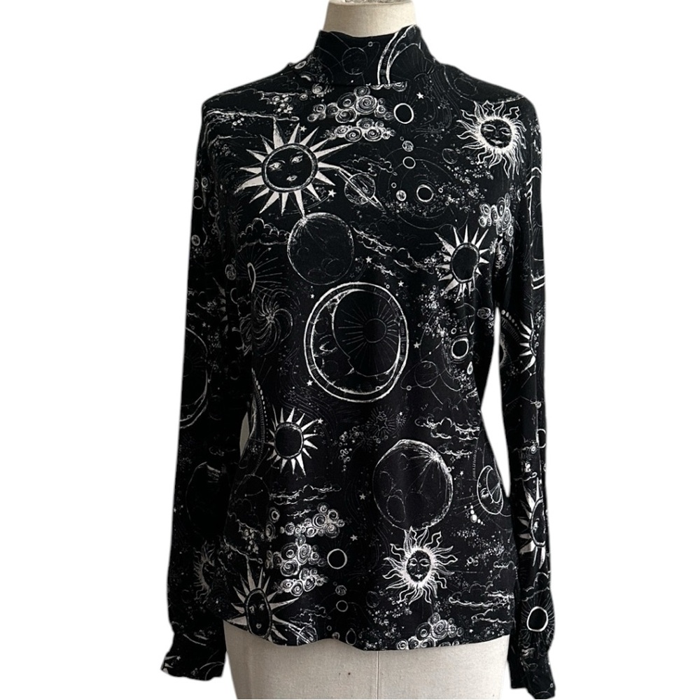 Johnny Was Janie Favorite Celestial Print Black Long-Sleeve Mock Neck Top sz Med